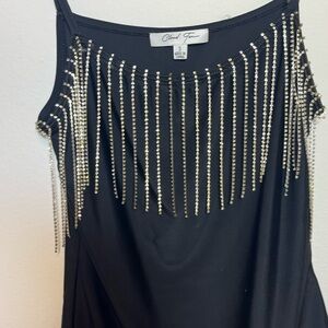 Black Bodysuit with Rhinestone Fringe